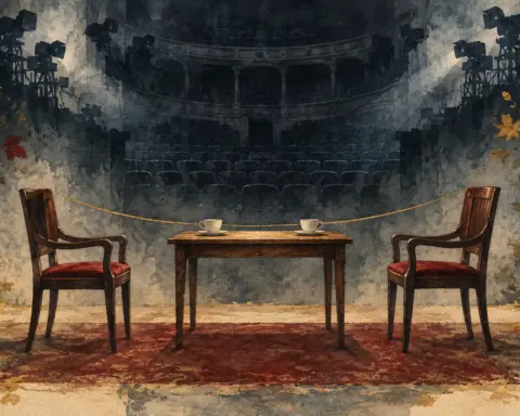 Symbolische AI-illustratie van twee lege stoelen tegenover elkaar in een theater.